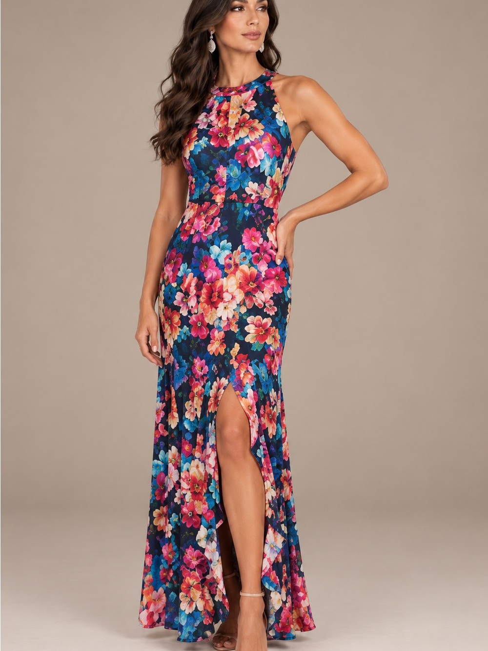 Adrianna Papell Navy Floral Halter Maxi Dress
